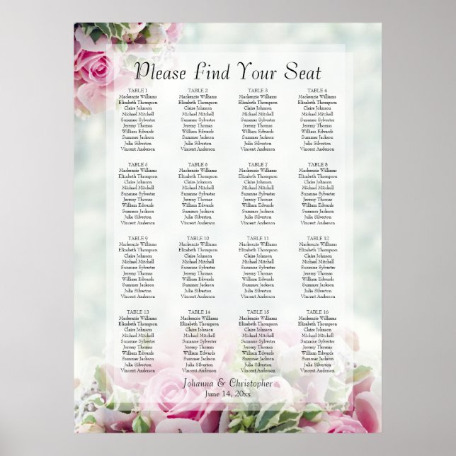 Tableau de placement de mariage à 16 tables Roses  (Devant)