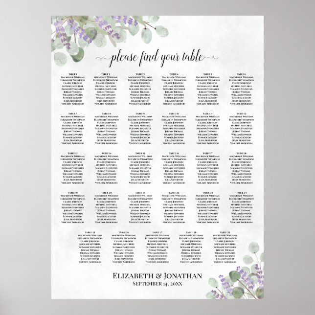 Tableau de placement de mariage à 29 tables Lavand (Devant)
