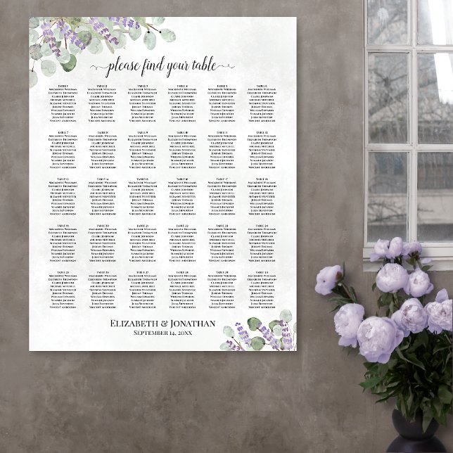 Tableau de placement de mariage à 30 tables Lavand (In Situ on Wall with Flowers)