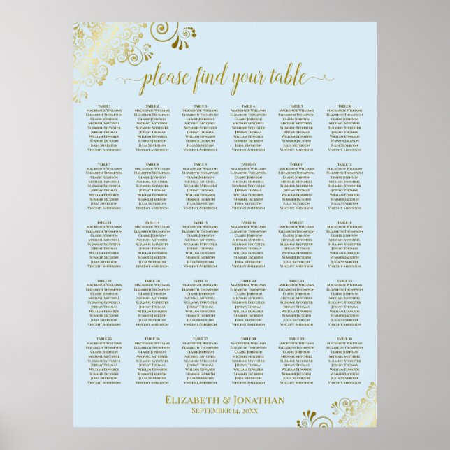 Tableau de placement de mariage à 30 tables Or et  (Devant)