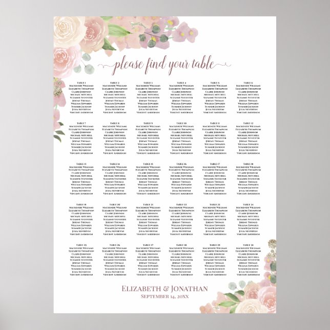 Tableau de placement de mariage à 30 tables Roses  (Devant)