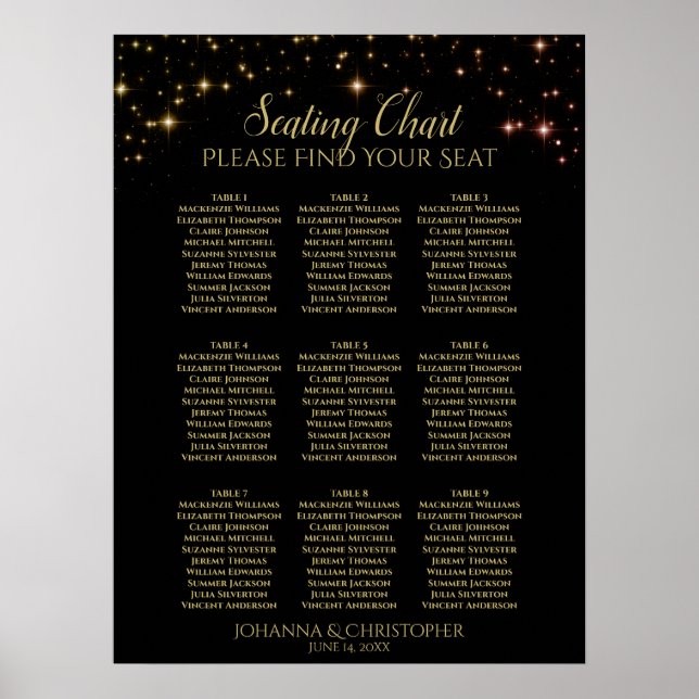 Tableau de placement de mariage à 9 tables Étincel (Devant)