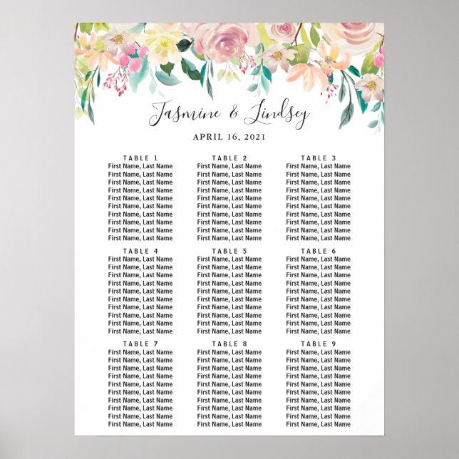 Tableau de placement de mariage à 9 tables Floral  (Devant)