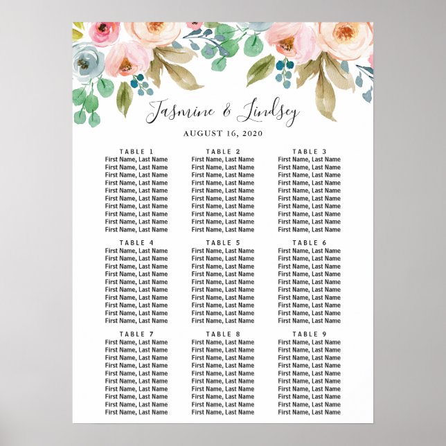 Tableau de placement de mariage à 9 tables Floral  (Devant)