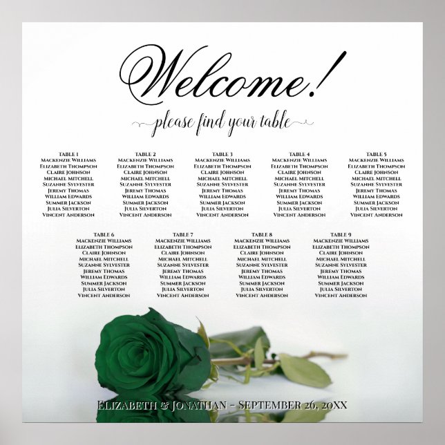 Tableau de placement de mariage à 9 tables Rose Ve (Devant)