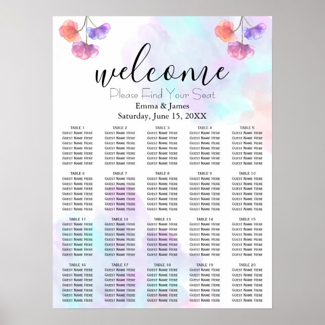 Tableau de placement de mariage à l'aquarelle rose (Devant)