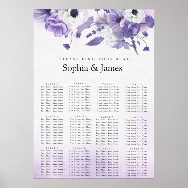 Tableau de placement de mariage à l'aquarelle viol (Devant)