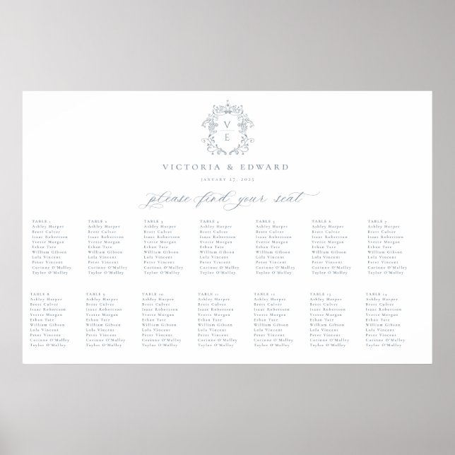 Tableau de placement de mariage à monogramme Crête (Devant)