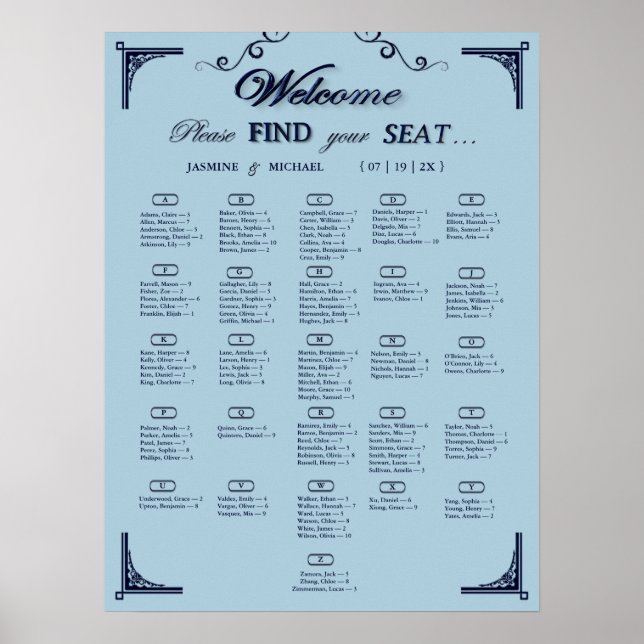 Tableau de placement de mariage alphabétique bleu  (Devant)
