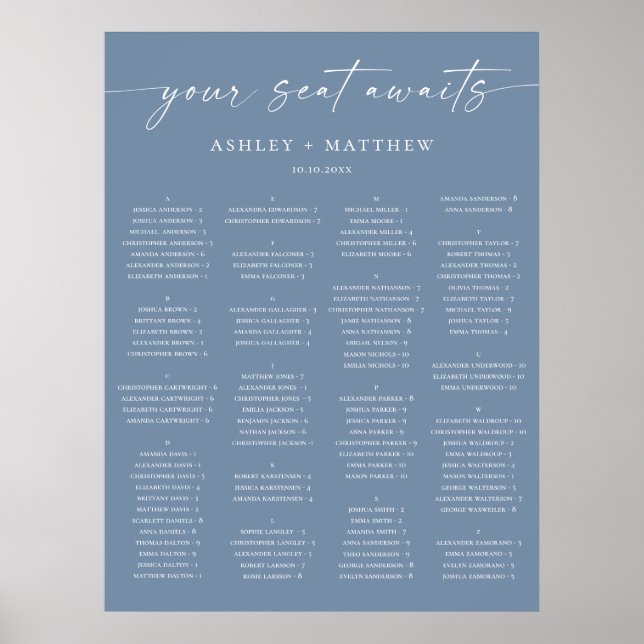 Tableau de placement de mariage alphabétique bleu  (Devant)