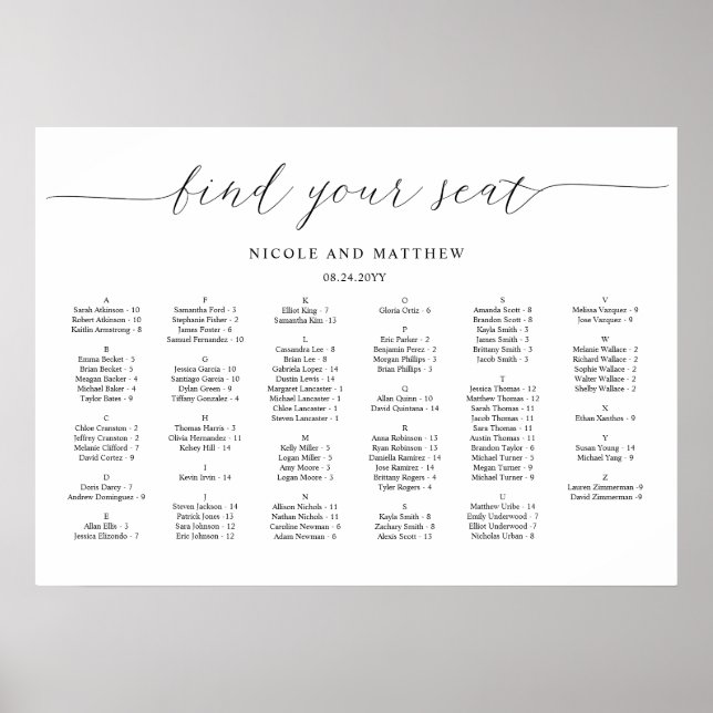 Tableau de placement de mariage alphabétique éléga (Devant)