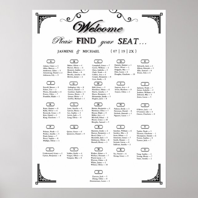 Tableau de placement de mariage alphabétique noir  (Devant)