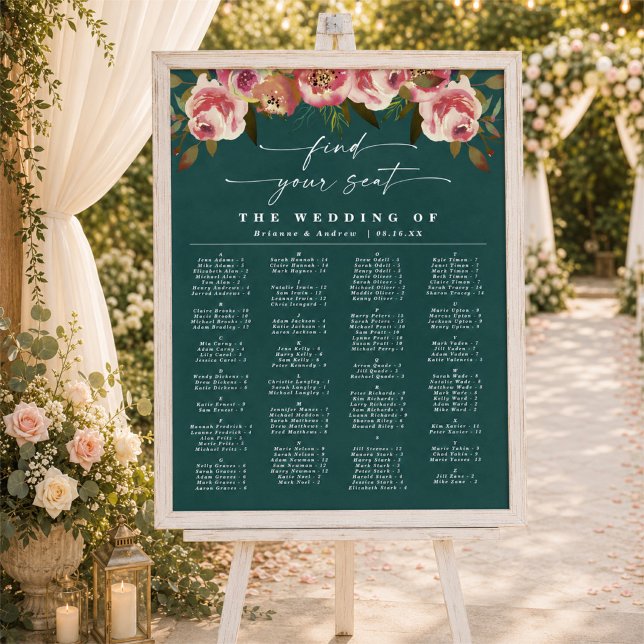Tableau de placement de mariage alphabétique vert  (Moody dark teal alphabetical wedding seating chart)