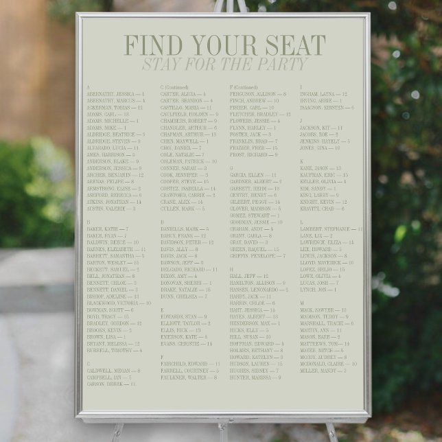 Tableau de placement de mariage alphabétique Vert  (Sage Green Alphabetical Wedding Seating Chart
)