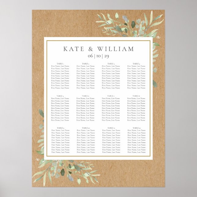 Tableau de placement de mariage aux feuilles de ve (Devant)