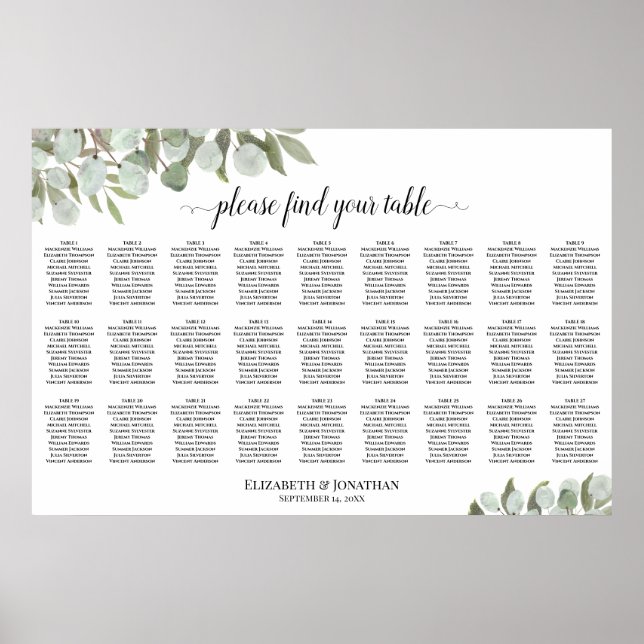 Tableau de placement de mariage aux feuilles d'euc (Devant)