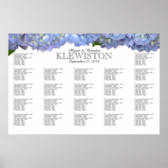Tableau de placement de mariage aux hortensias Blu (Devant)