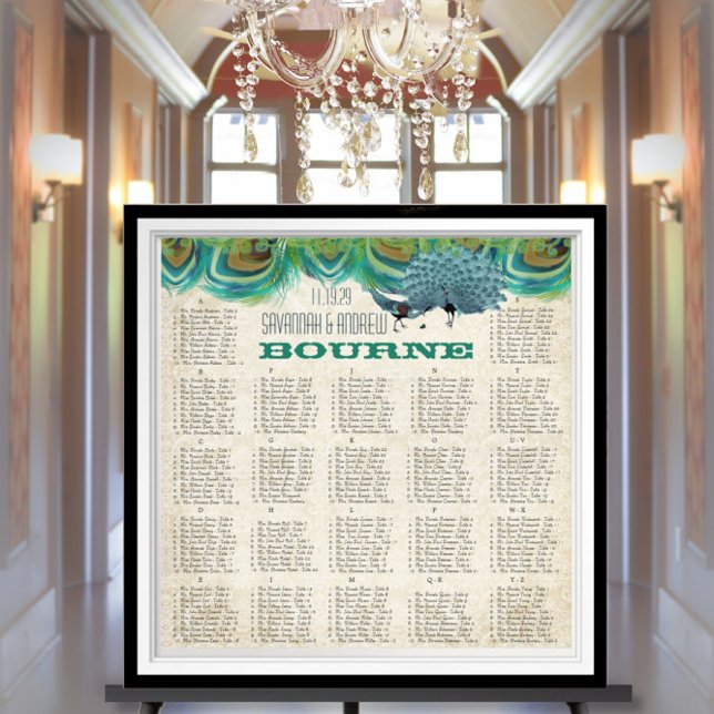 Tableau de placement de mariage aux plumes de paon (To see frame pricing, please enter your frame and mat options.)