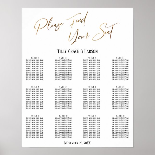 Tableau de placement de mariage avec écriture manu (Devant)