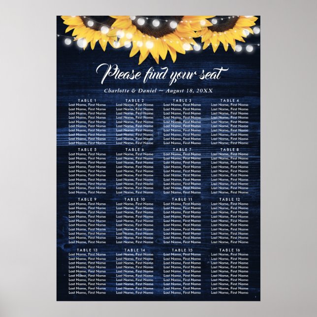 Tableau de placement de mariage bleu marine Tourne (Devant)
