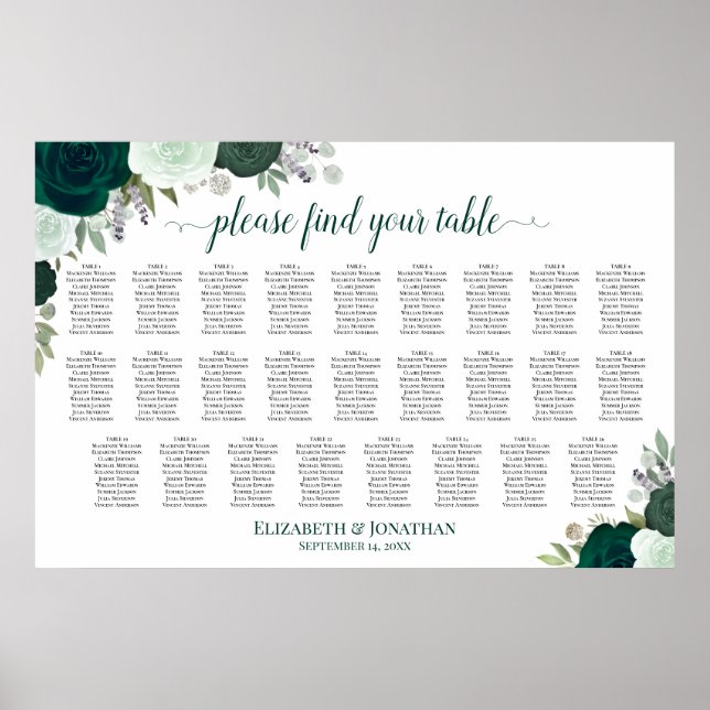 Tableau de placement de mariage Bohème Émeraude de (Devant)