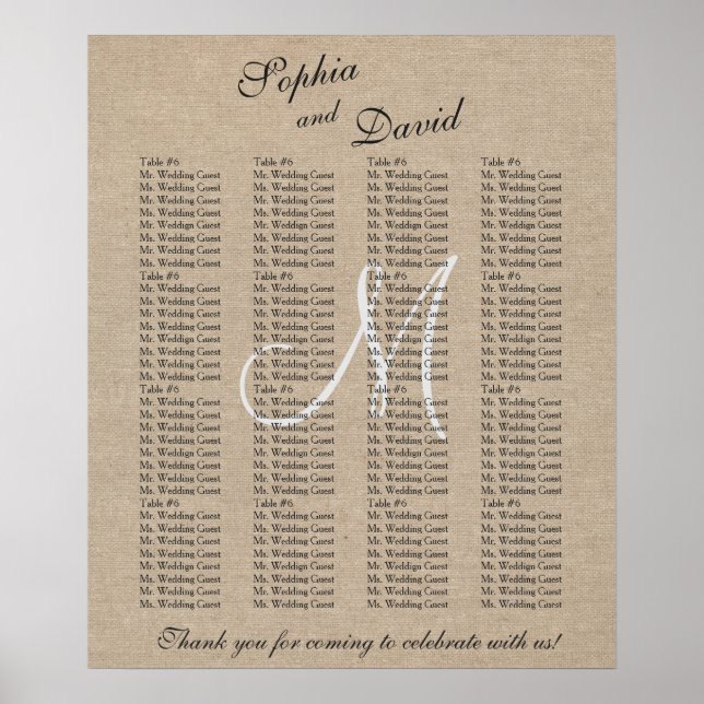 Tableau de placement de mariage en toile de lin ru (Devant)