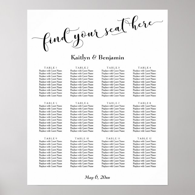 Tableau de placement de mariage en typographie bla (Devant)
