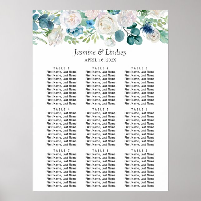 Tableau de placement de mariage floral bleu blanc  (Devant)