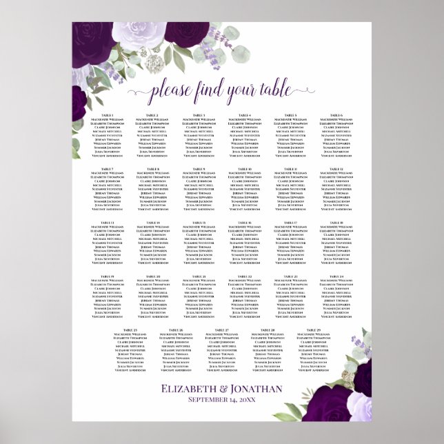 Tableau de placement de mariage floral Boho Violet (Devant)