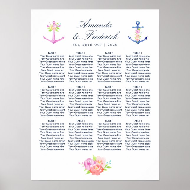 Tableau de placement de mariage floral nautique à  (Devant)