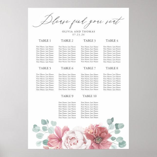 Tableau de placement de mariage floral rose poussi (Devant)