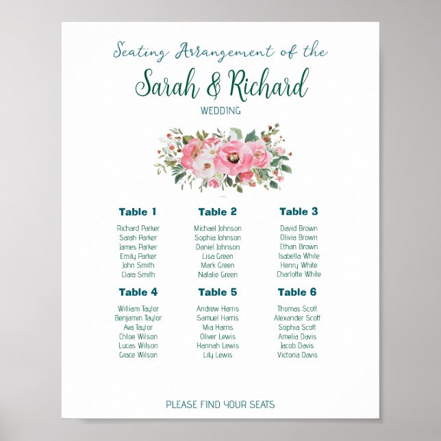 Tableau de placement de mariage floral rose vif (Devant)