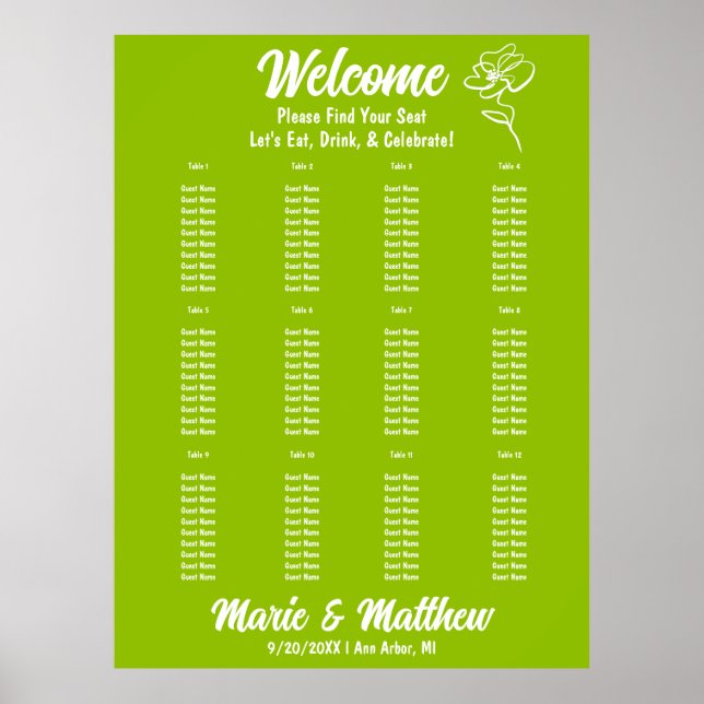 Tableau de placement de mariage floral vert citron (Devant)