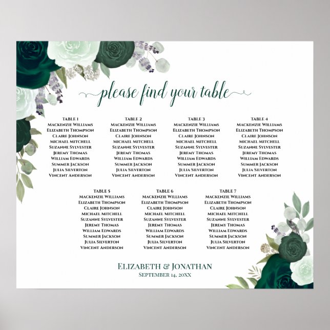 Tableau de placement de mariage floral vert émerau (Devant)