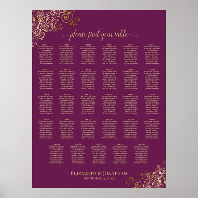 Tableau de placement de mariage Gold 29 Magenta Pl (Devant)