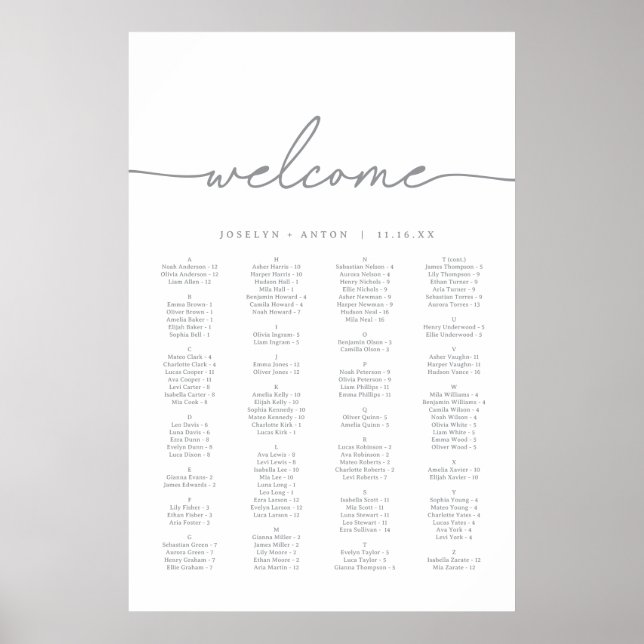 Tableau de placement de mariage gris chic calligra (Devant)
