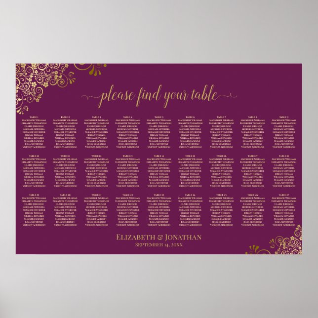 Tableau de placement de mariage Magenta Plum & Or  (Devant)