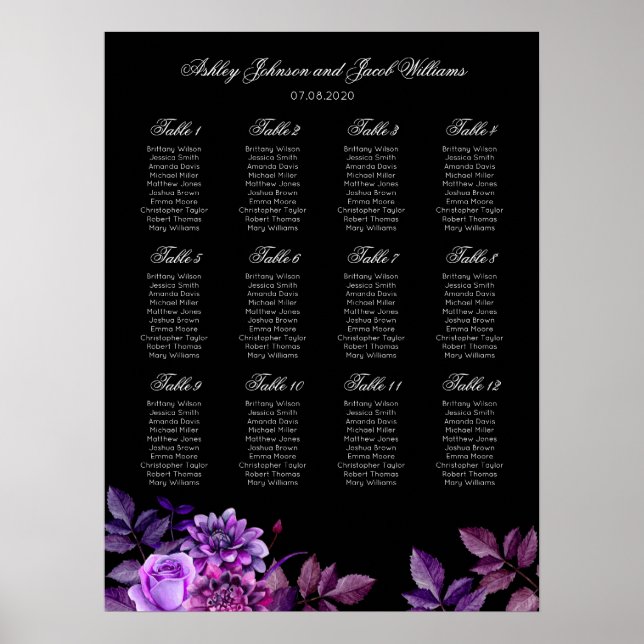 Tableau de placement de mariage noir et violet imp (Devant)