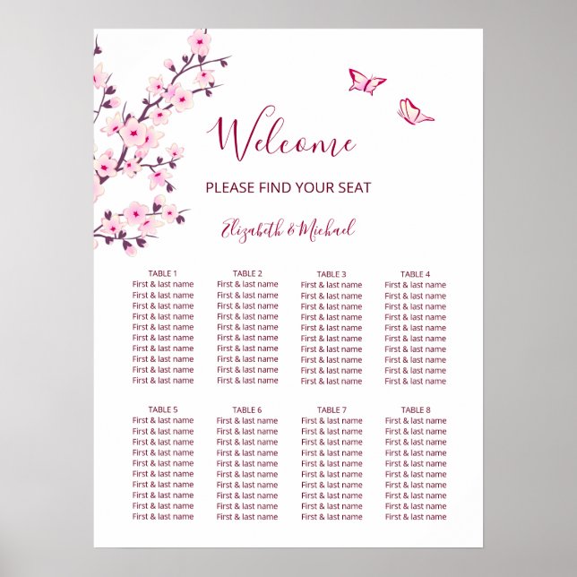 Tableau de placement de mariage rose blanc à fleur (Devant)