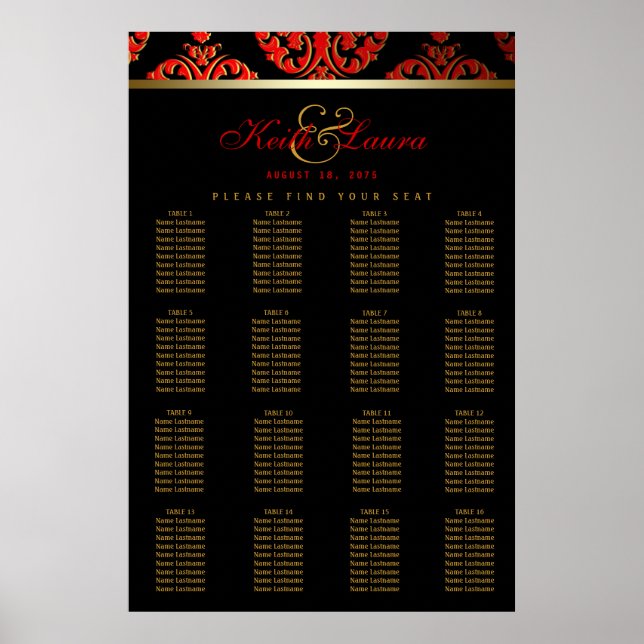 Tableau de placement de mariage Rouge Noir Or (Devant)