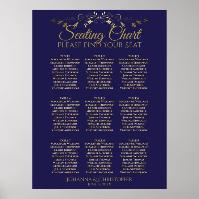 Tableau de placement de mariage simple or et marin (Devant)