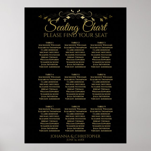 Tableau de placement de mariage simple or et noir  (Devant)