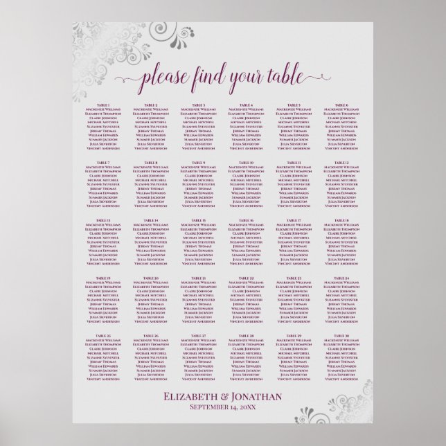 Tableau de placement de mariage sur fond gris 30 t (Devant)