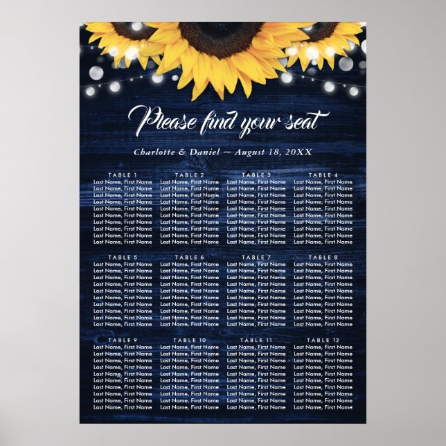 Tableau de placement de mariage tournesol bleu mar (Devant)