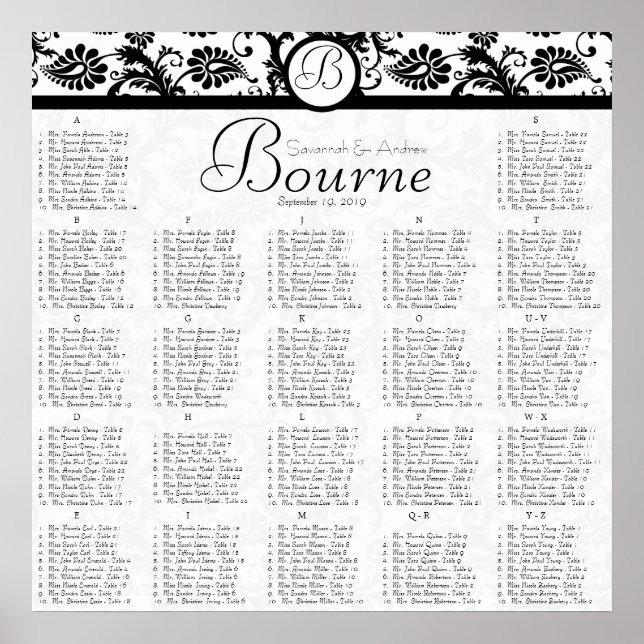 Tableau de placement de réception en damas noir et (Devant)