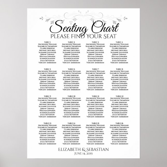 Tableau de placement des invités de mariage à 16 t (Devant)