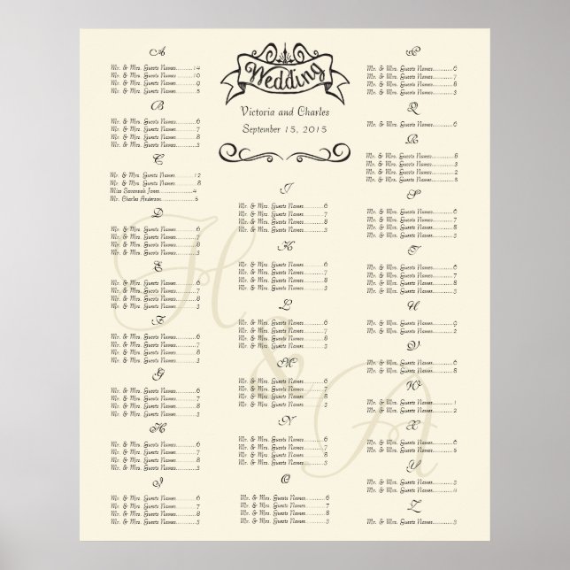 Tableau de placement des invités pour un événement (Devant)