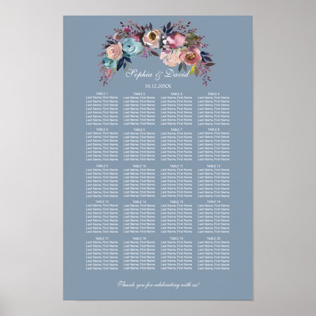 Tableau de placement Dusty Blue Pink Floral pour 1 (Devant)