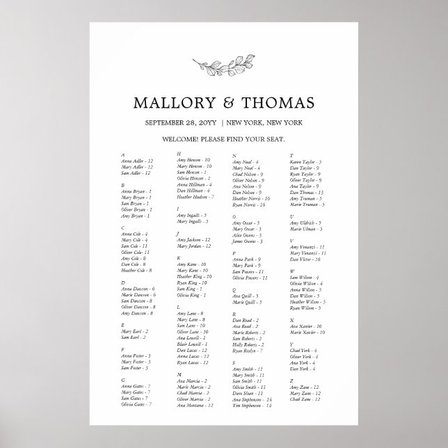 Tableau de placement élégant alphabétique Mallory (Devant)