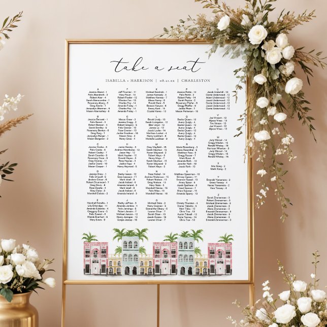 Tableau de placement FIONA Charleston SC Rainbow R (Charleston Inspired Rainbow Row Wedding Seating Chart Alphabetical )